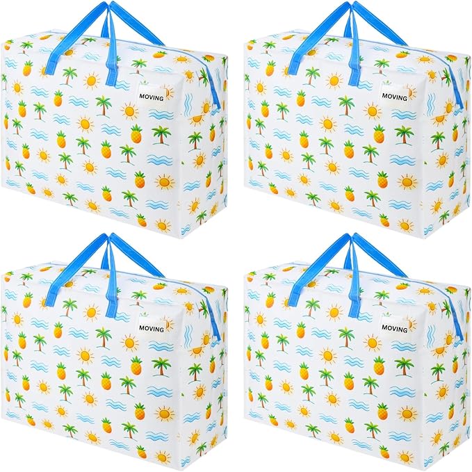 VENO 4 Pack Heavy Duty Moving Bags, Storage Bags, Packing Supplies, Top Zipper, Storage Totes for Camping, Clothes, Bedding, Comforters, Pillows (27 Gallon, Tropical Island, 4 Pack)