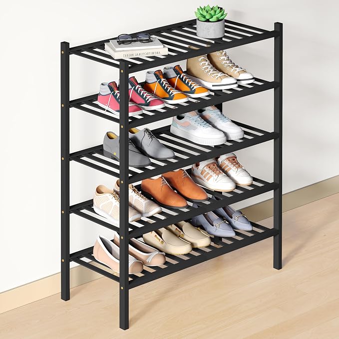 Smiry Bamboo Shoe Rack for Closet, 5 Tier Wooden Shoe Organizer, Stackable Wood Shoe Storage Shelf for Entryway, 14 Vertical Slats, 2+3 Stack Heavy-Duty Legs, 26.77"x11.02"x31.3", Black