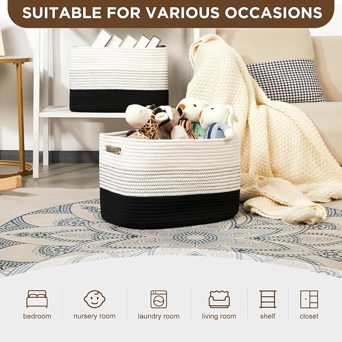Temary Woven Storage Baskets, Set of 3 Rope Baskets for Storage Clothes, Towels, Versatile Boho Storage Bins (White&Black, 13"x9.8"x8.5")