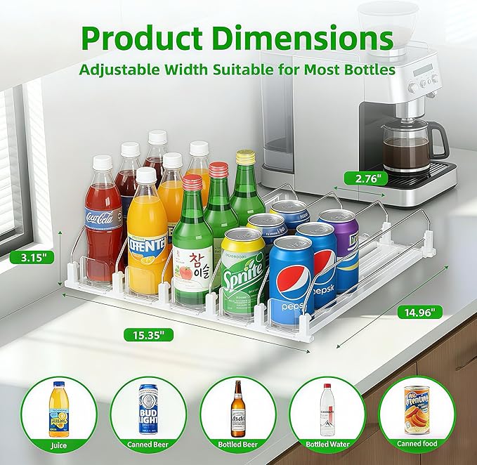 Adjustable White Fridge Organizer, Automatic Can Dispenser & Drink Rack | Holds up to 25 Cans (12oz/16oz/20oz), Gliding Soda & Beer Organizer for Refrigerator - Space Saving Kitchen Storage