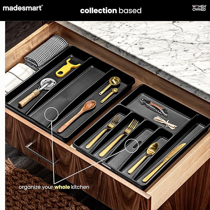 madesmart Premium Silverware Tray, 6 Compartment Flatware Organizer for Forks, Knives & Spoons, Non Slip, Soft Grip Lining, Durable Drawer Organizer, Black