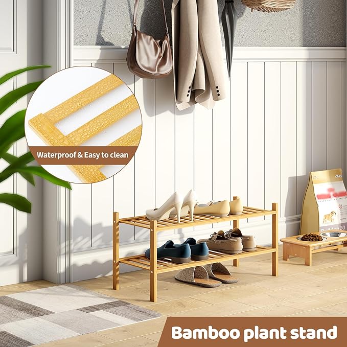 Bamboo Shoe Rack Stackable Shoe Shelf Storage Organizer for Unit Entryway Hallway and Closet Sturdy Freestanding Shoe Shelf(2 Tier Natural)