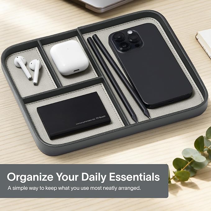 Nordik Leather Valet Tray - Sahara Gray - 9.5 x 7.9 Inch Medium Vegan Leather Tray - Stylish Nightstand Organizer for Men - Modern Bedside Caddy - EDC Catchall for Key Watch Wallet Jewellery