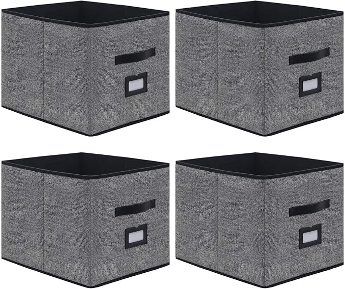 Onlyeasy Extra Large Foldable Cloth Storage Cubes 4 Pack with Label Holders - Fabric Storage Bins Baskets Organizers for Home Office Nursery with Handles, 13 L x 15 W x 13 H Inch, Black, MXABXL04PLP