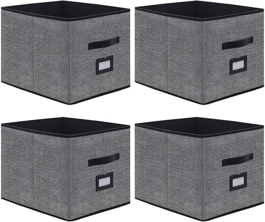 Onlyeasy Extra Large Foldable Cloth Storage Cubes 4 Pack with Label Holders - Fabric Storage Bins Baskets Organizers for Home Office Nursery with Handles, 13 L x 15 W x 13 H Inch, Black, MXABXL04PLP