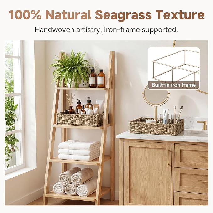 StorageWorks Large Seagrass Tray for Bathroom, Seagrass Storage Baskets for Shelves, Handwoven Natural Wicker Baskets for Organizing, 2-Pack