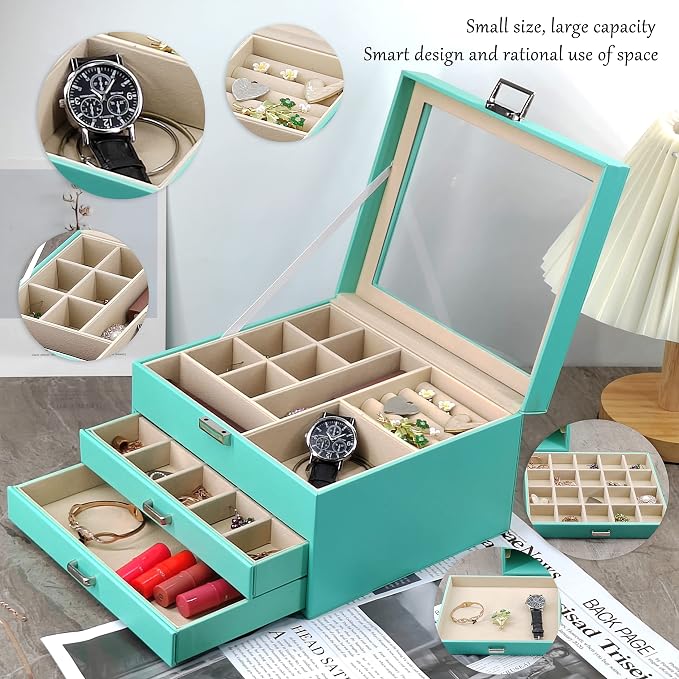 BOOVO Clear Lid Jewelry Box,3 Layers Jewelry Organizer Large Jewelry Storage Box with 2 Drawers,Jewelry Holder Organzier of Rings Earrings Necklace Bracelets for Women (Turquoise, 3 Layer)