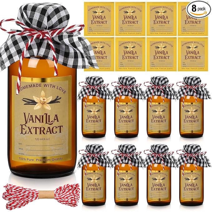 Uiifan 8 Pcs Glass Bottles Jars for Vanilla Extract 4 oz Amber Glass Jars with Caps Boston Round Bottles with Vanilla Extract Labels Stickers for Syrup Gift Food Storage Canister Set Sauce Beans