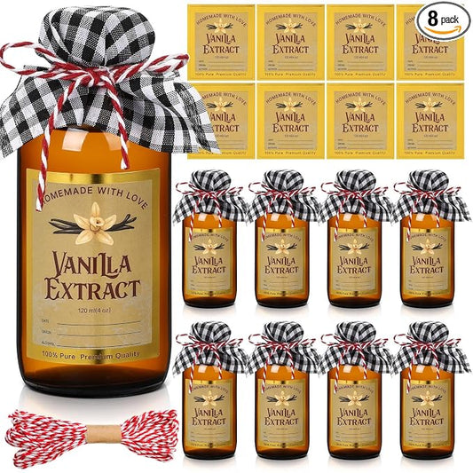 Uiifan 8 Pcs Glass Bottles Jars for Vanilla Extract 4 oz Amber Glass Jars with Caps Boston Round Bottles with Vanilla Extract Labels Stickers for Syrup Gift Food Storage Canister Set Sauce Beans
