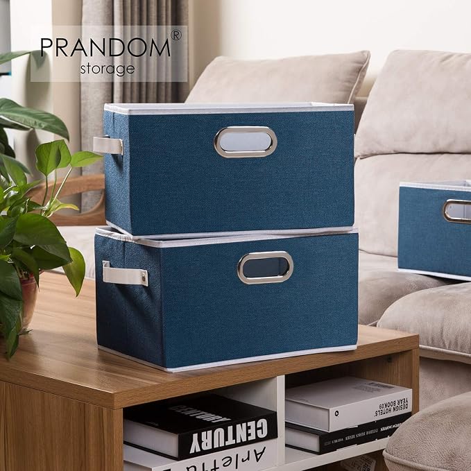 PRANDOM Large Collapsible Storage Baskets for Closet [5-pack] Decorative Fabric Storage Bins Cubes with Leather/Metal Handles for Shelves Bedroom Living Room Royal Blue (14.9x9.8x8.3 Inch)