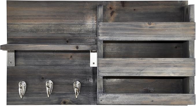 Wall-Mounted Key Holder Hooks - Rustic Wood Weathered Grey & Black - Entryway Organizer for Mail, Leashes, and Purses - Floating Shelf, 16.5” W x 9.75" H x 4.5” D