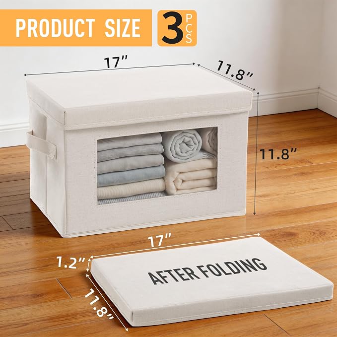 3-Pack Large Storage Bins with Lids & Clear Window, Foldable Fabric Closet Organizer Boxes, Stackable Cube Baskets with Soft Handles for Clothes & Blankets, 17”, Beige