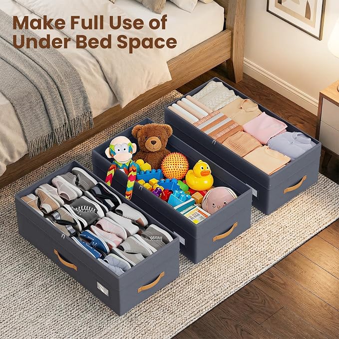 Budding Joy Under Bed Storage with Wheels 2Pack, 80L- Height Adjustable Underbed Containers with Clear Lids, Rolling Under Bed Shoe Storage Organizer for Dorm Home Clothes, Blankets, Toys, Grey