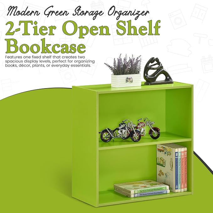 KB Designs - Tony 2-Tier Modern Bookcase with Open Storage Shelves for Kids’ Rooms, Playrooms, or Home Offices – Compact Colorful Bookshelf Organizer