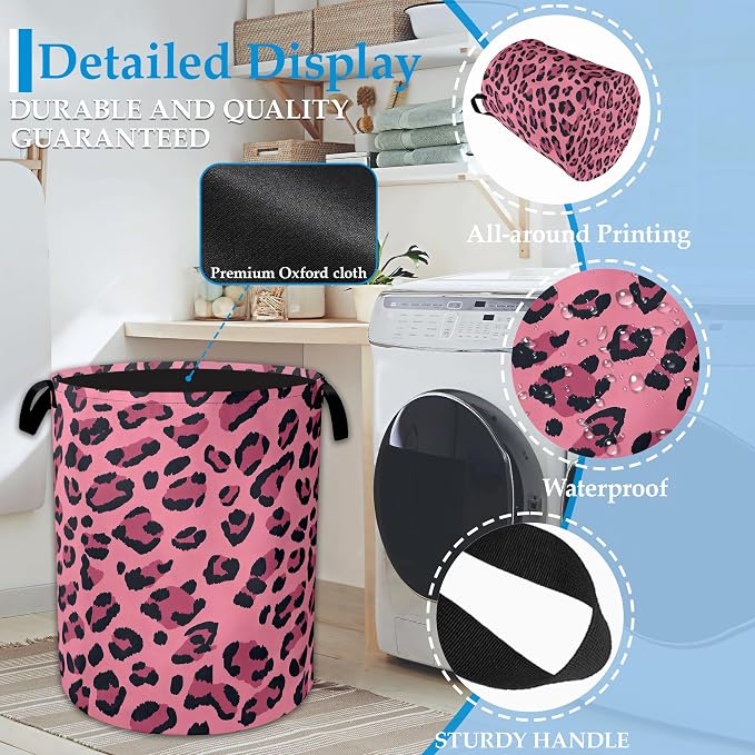 Pink Leopard Laundry Basket Collapsible Laundry Hamper Clothes Storage Bin for Bathroom Bedroom Room Decor 16" X 20.8"