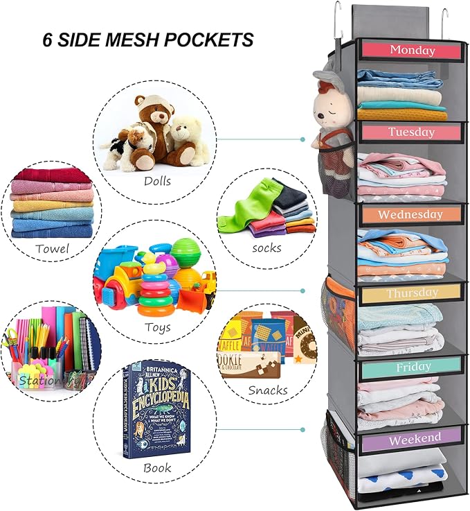 Fixwal Weekly Kids Clothes Organizer 6-Shelf Hanging Closet Storage Grey