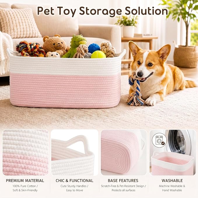 OIASKET Large Empty Cotton Rope Gift Basket with Handles, 16.5"x12.6"x7" Decorative Woven Storage Basket with Gift Bag and Ribbon Set for Baby Shower, Toy Organizer for Kids, Dogs & Cats - Pink&White