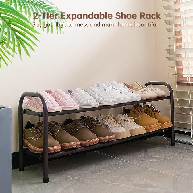 Gonfoam Shoe Rack for Closet, Expandable Shoe Organizer Storage Shelf, Adjustable Metal Free Standing Small Closet Shoe Rack for Entryway, Doorway (2-Tier Bronze)