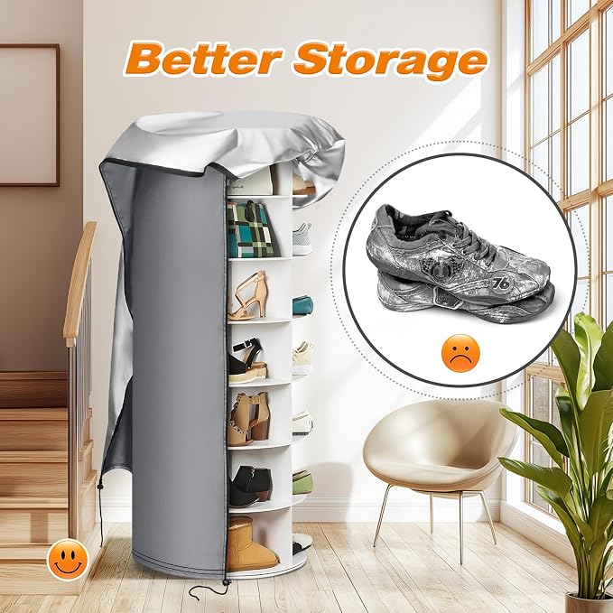 420D Gray Rotating Shoe Rack Tower Cover,25"Dia x 63"H,Cover Only | Spinning Storage Tower Cover – Waterproof, Windproof, Adjustable Drawstring & Zippers,Pet-resistant