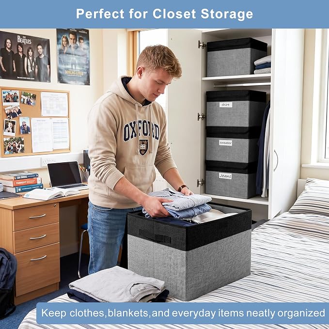 Large 17" 42 Quarts Collapsible Stackable Storage Bins with Lids [3-Pack] Foldable Fabric Linen Storage Boxes Cube, Closet Organizer Baskets with Label for Home (16.7 x 12 x 12", Black & Gray)