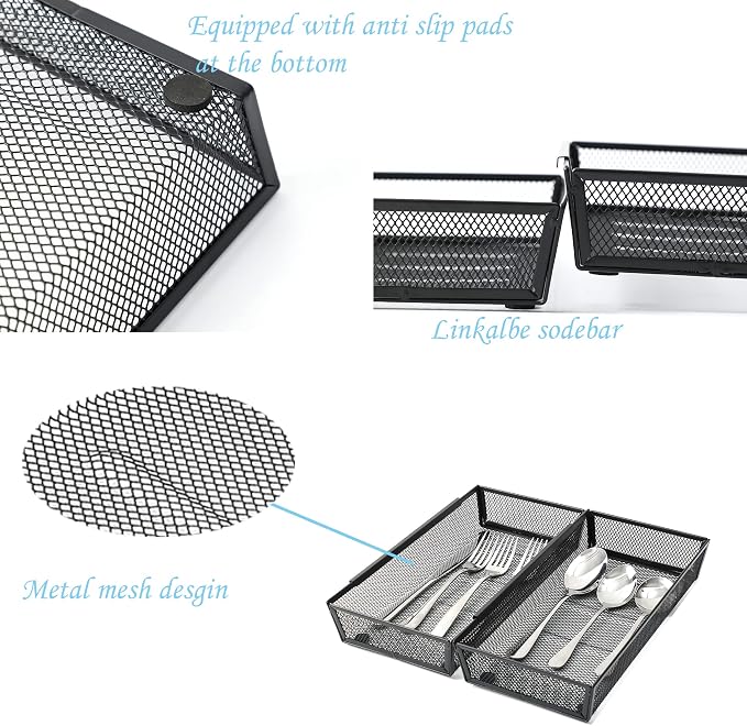 Silverware Organizer ，Mesh Cutlery silverware Tray for Drawer，Tool tray organizer,Utensil Flatware Tableware Organizer for Kitchen,Office,with Non-slip,Fits Standard Drawer,(6x12 IN) 4PSC,Black