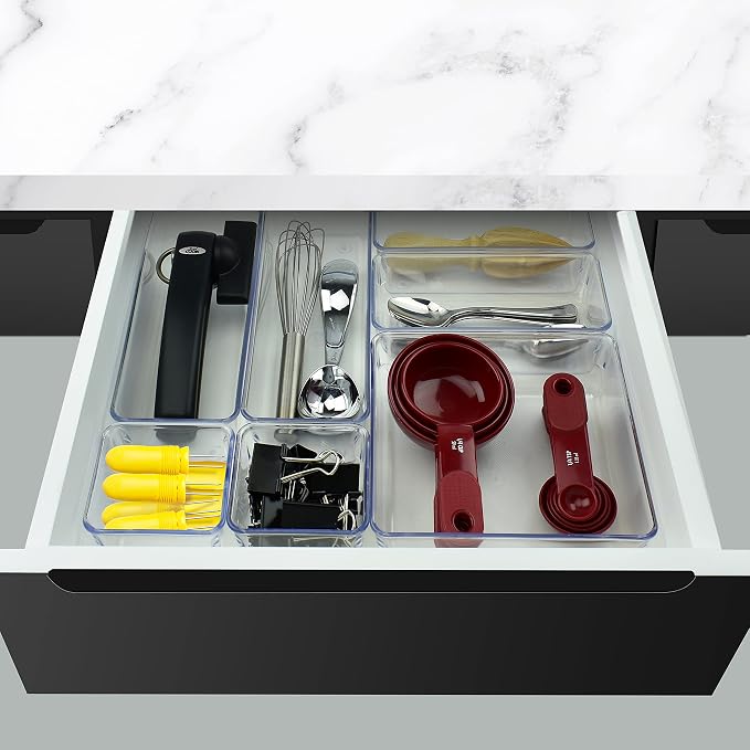 Acrimet 7 Pack Drawer Organizer Modular, Box Tray Storage Bins for Office, Home, Makeup, Kitchen, Junk Drawer (7 Units - 4 Sizes) (Clear Crystal Plastic) | Assorted Sizes for organizing drawers, countertops and cabinets