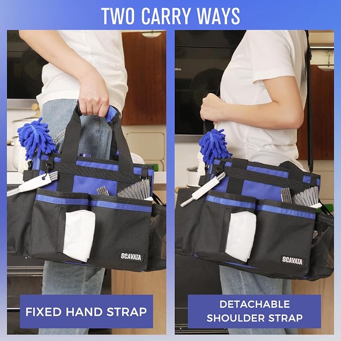 SCAVATA Compact Wearable Cleaning Caddy, Small Supplies Organizer with Handle & Shoulder Straps for Housekeepers, Under Sink & Car Cleaning Tool Organizer Bag (Blue)