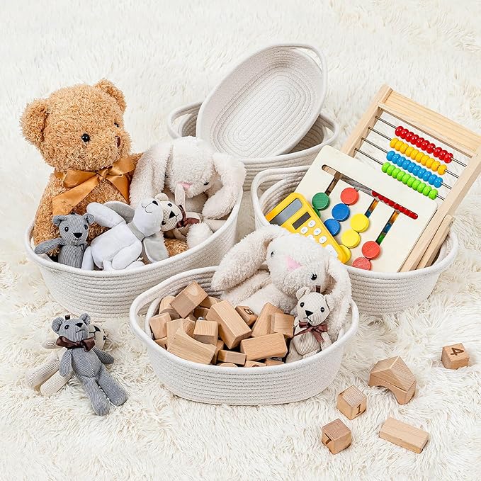 CubesLand Small Woven Rope Toys Basket for Organizing Set 5 | Shelves Closet Storage Bins, Empty Gift Baby Shower Basket Also Perfect for Toilet Paper Storage, Organizer Bins Off White