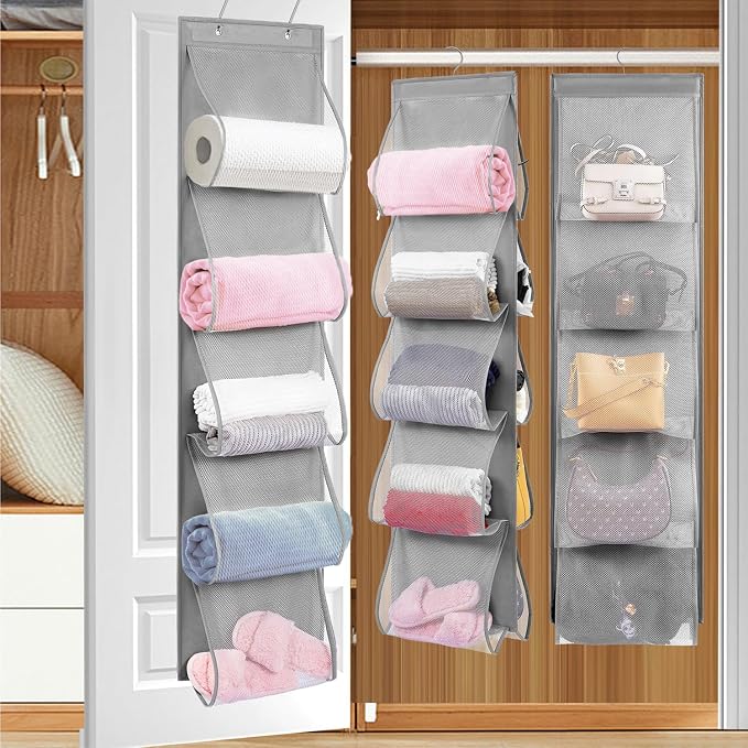 2 Pack Over the Door Hanging Vinyl Organizer Embroidery Stabilizer Holder Purse Storage for Closet Bath Towel Hanger Scarf Container 5 Large Pockets (One Side)