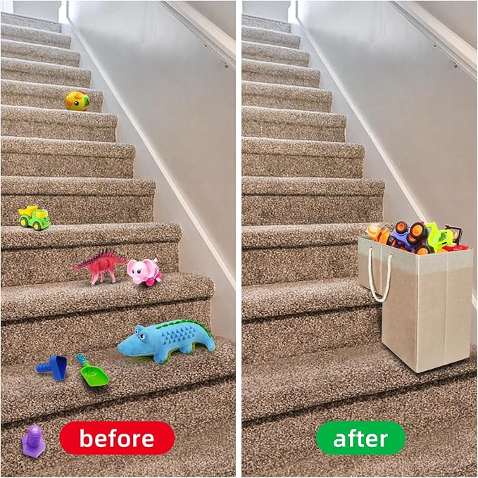 Stair Basket for Stairs with Handle, Staircase Baskets for Carpeted and Wooden Stairs,16" Step Storage Basket for Toys, Clothes, Books, Tools, with Hard Board, Anti-slip (2, Beige)
