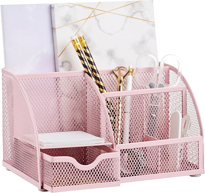 Exerz Desk Organizer Light Pink Office Desk Accessories Supplies Office Storage Desktop Pencil Pen Holder with Drawer Home Workspace