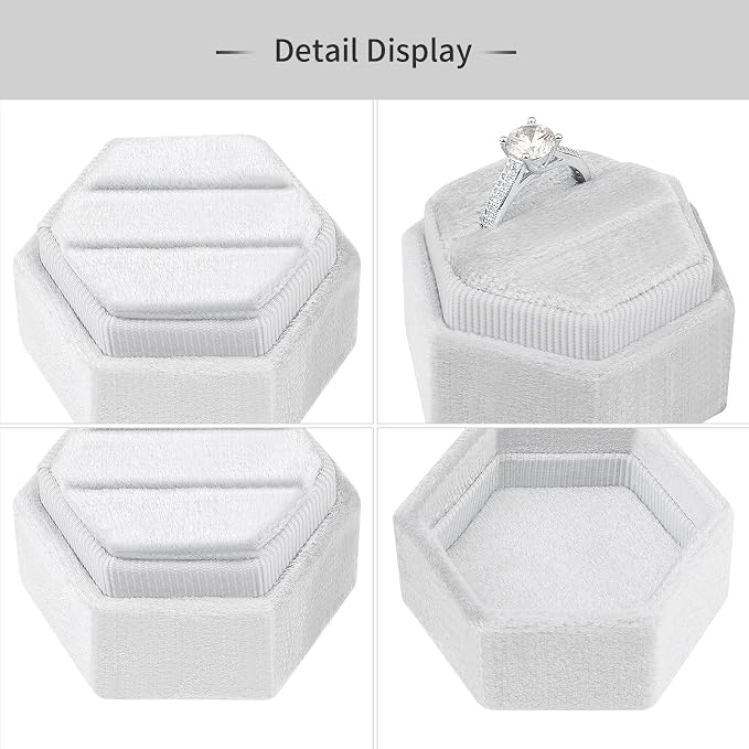 DesignSter Hexagon Velvet Ring Box - Premium Gorgeous Vintage Double Ring Display Holder with Detachable Lid for Proposal, Engagement, Wedding, Ceremony (Silvery Grey)