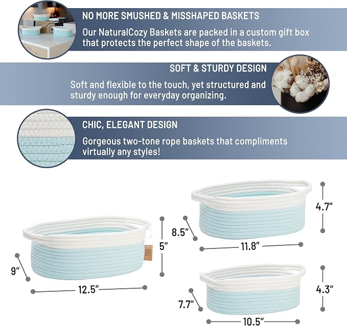 NaturalCozy 3-Piece Oval Storage Basket Set–Cotton Rope Woven Baskets for Storage, Gift Basket Empty, Toy Basket, Soft Baby Basket for Nursery, Cat Dog Toy Baskets, Small Basket (Off White Turquoise)
