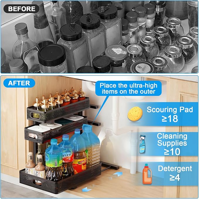 Under Sink Organizer, 1-Pack 3-Tier Thickened Metal Pull out Cabinet Organizer Shelf, Height Adjustable Slide out Storage Drawer Rack for under sink organizer bathroom Kitchen,Laundry Room & Pantry | Space-saving cabinet organizer, solid build, easy as...