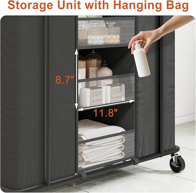 WOWLIVE Laundry Sorter 2 Section, 200L Rolling Laundry Hamper with Wheels | Laundry Cart with Steel Frame, Laundry Basket with Hanging and Removable Bag, Storage Unit Basket Organizer for Dorm, Black