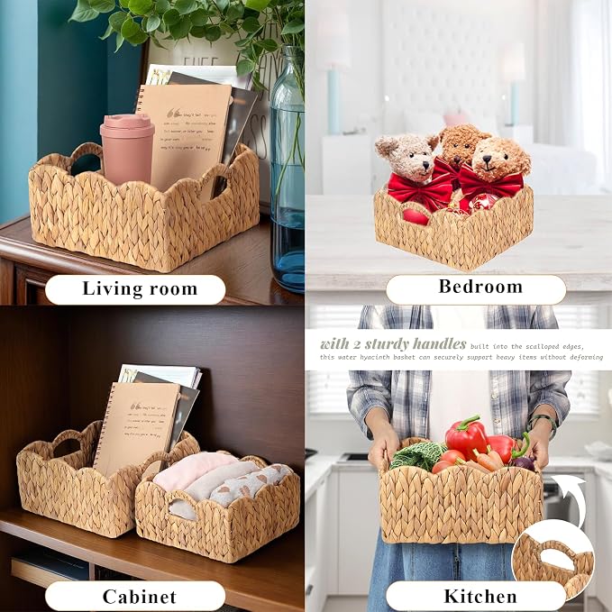 Scalloped Baskets (Natural-Set of 2) Basket Living Room Organizer, Water Hyacinth Baskets For Decor, Woven Basket for Bathroom, Bedroom, Laundr (2, Light Brown)