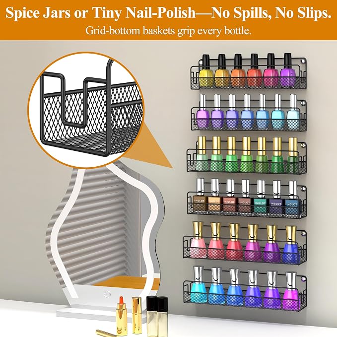 Wall Mounted Spice Rack Organizer, Pantry Door Organizer & Hanging Storage Baskets, Metal Spice Shelf for Kitchen Cabinet, 3 Depth Sizes Hold Large Jars to Nail Polish Bottles, 6 Pack