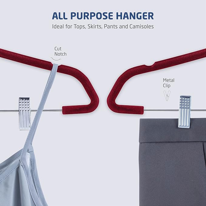 Zober Velvet Hangers with Clips - 20 Piece Set for Pants, Skirts, Suits, Dresses & Shirts - Notched Burgundy Velvet, Non Slip Felt, 360 Degree Hook
