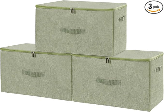 ANMINY 3PCS Storage Bins with Zipper Lids 51.9 Qt Lidded Fabric Storage Boxes Baskets Cubes with Handles Collapsible Washable Cotton Linen Closet Shelf Clothes Organizer - Green, Extra Large