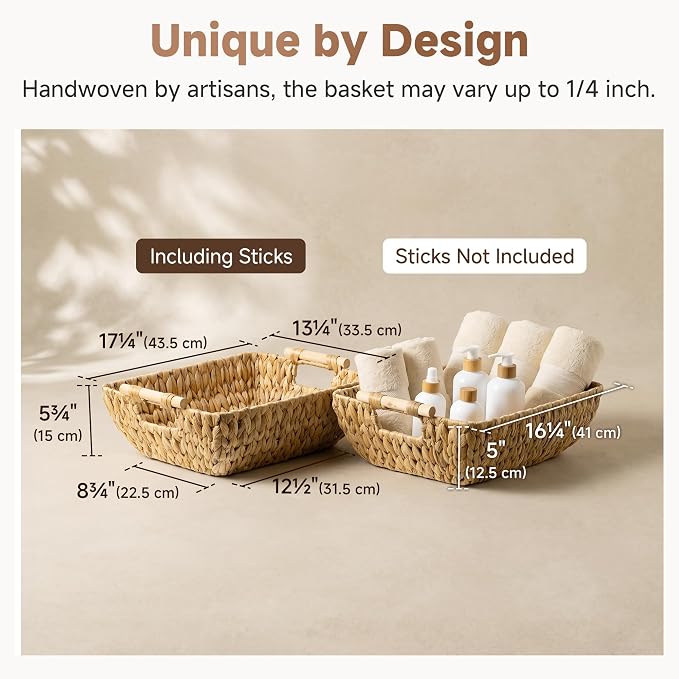 StorageWorks Hand-Woven Storage Baskets with Wooden Handles, Water Hyacinth Wicker Baskets for Organizing, 2 Pack