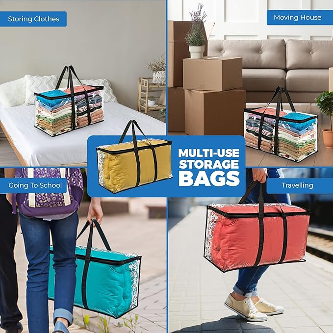VitalUp 2 Pack Clear Large Moving Bags, Heavy Duty Storage Bags, College Totes, Storage Bins, for Organizing Blankets, Clothing for College, Dorm, Packing, Durable with Zipper and Handle 25x14x12