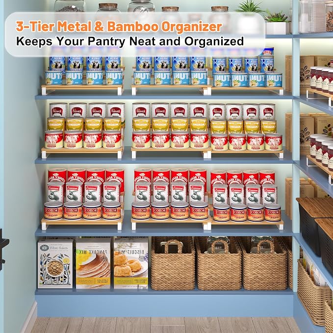 Expandable Can Organizer for Pantry, 3-Tier Adjustable Bamboo & Iron Can Rack for Cabinets, Easy Access Food Storage Shelf for Canned Goods