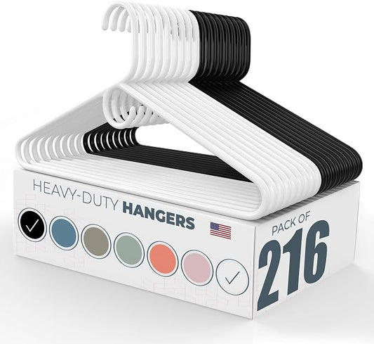 Heavy Duty Clothes Hangers 100+ Pack (216 Count) – Made in the USA – 8lb Capacity Plastic Hangers for Adult Clothing – Durable for Pants, Coats, Jackets, or Jeans – White & Black
