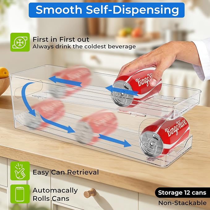 2 Pack Rolling Soda Can Dispenser for Refrigerator Soda Can Organizer for Beer Soda Refrigerator Pop Can Organizer for Fridge 12 Standard Size 11.15oz, 12oz, 330ML, 355ML Cans Holder Storage