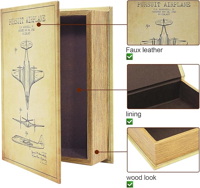 PACOLO Decorative Book Boxes, Faux Wood cover Storage for Hidden Jewelry, Money, and Cash (Aeroplane)