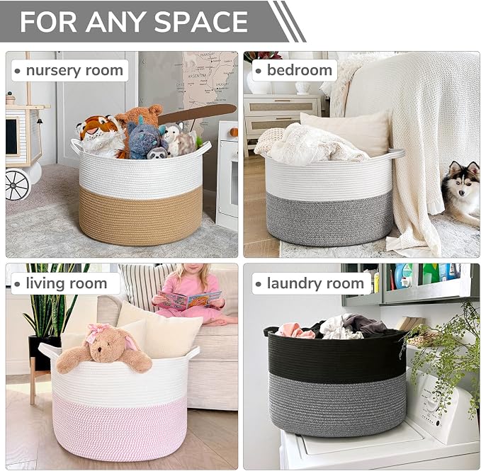 INDRESSME XXXLarge Cotton Rope Basket Woven Baby Laundry Baskets Blanket Baskets Toy Basket with Handle Comforter Cushions Storage Bin Thread Laundry Hamper - 21.7" x 21.7" x 13.8"