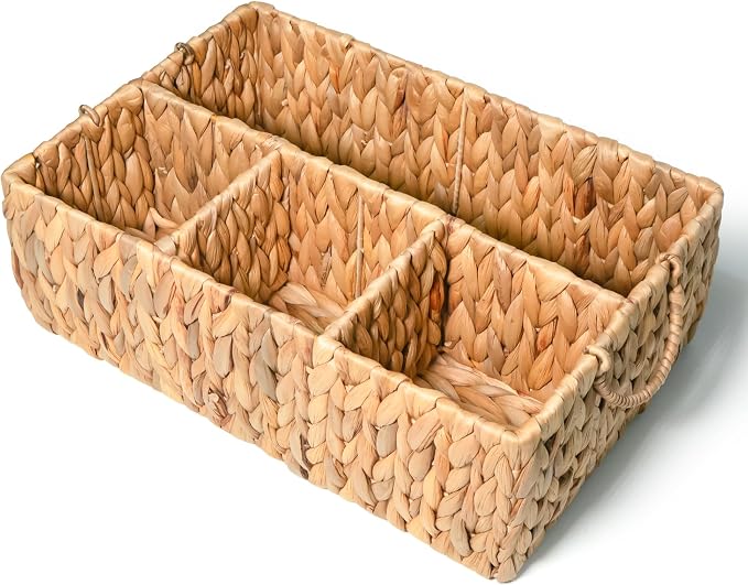 KOKODO Divided Storage Basket Woven Natural Basket Hyacinth for Organizing Bathroom Kitchen Shelves Office Supplies Organization Everyday Wicker Storage Baskets 4 Section Rectangular Tray