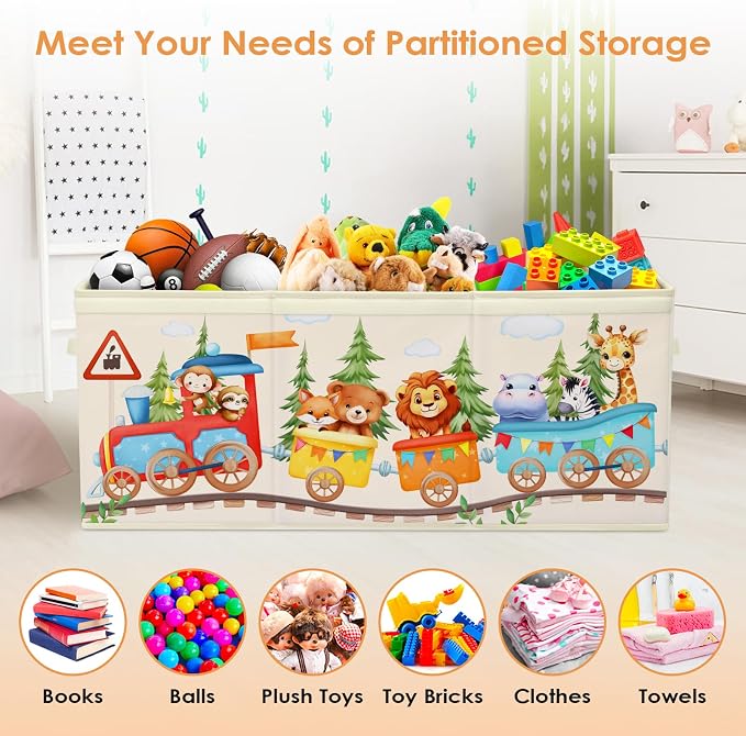 Large Toy Box Chest Organizer with Flip Lid for Kids, Collapsible Oxford Toy Storage Box with Handles for Boys Girls, Sturdy Waterproof Storage Organizer for Bedroom Playroom Nursery, 37.7×12.5×15.7''
