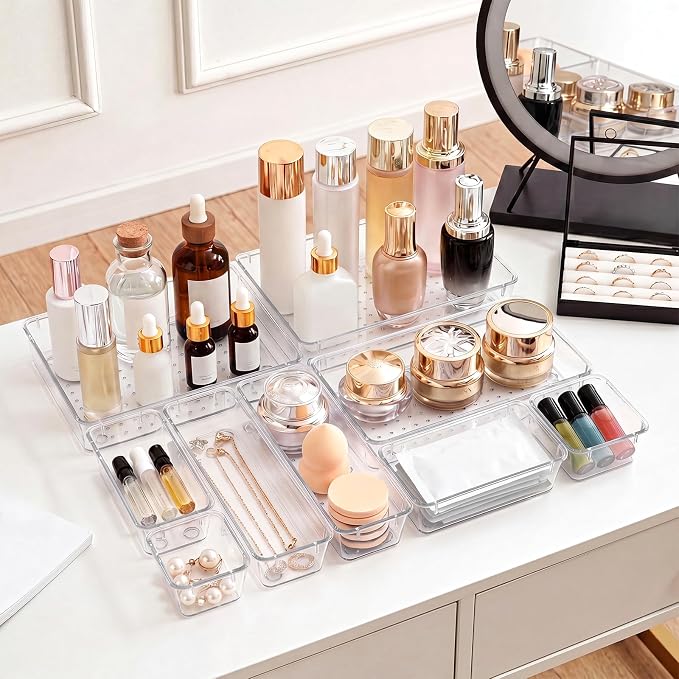 25 Pcs Makeup Drawer Organizer Set, 4 Sizes Versatile Bathroom and Vanity Drawer Organizer for Makeup, Non-Slip Desk Organizer Trays for Bedroom, Office, Fits Jewelry and Office Supplies
