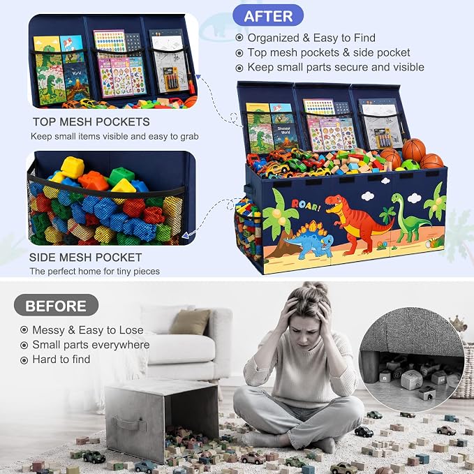 Unicorn Castle Toy Box with Adjustable Divider Toy Chest Storage Large Toy Storage Organizer Bin Collapsible with Lid Pockets for Nursery Playroom,Dark Blue Dinosaur